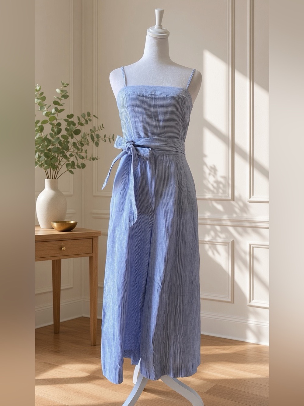 J. Crew Sleeveless Blue White Tie-Waist wide Leg Linen seersucker jumpsuit XS